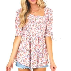 Smocked Floral Jodifl/Lime Lush Shirt, Floral Print White with Pink Puff Sleeve